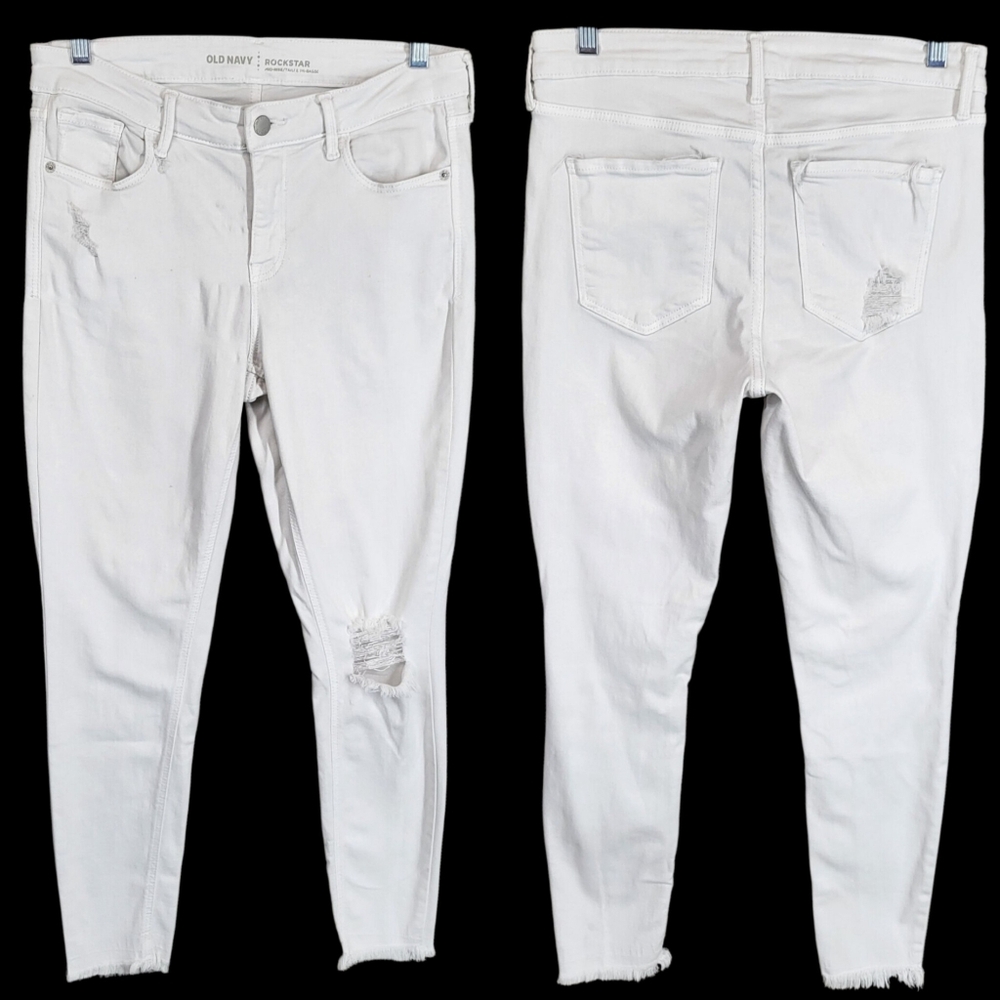 Old Navy RockStar Distressed White Womens Skinny Jeans Raw Hem Stretch Size 6
